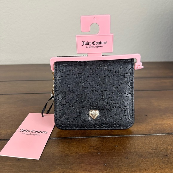 Juicy Couture Deboss Liquorice Black Zip Around Bifold Wallet w Heart Rhinestone - Picture 2 of 5